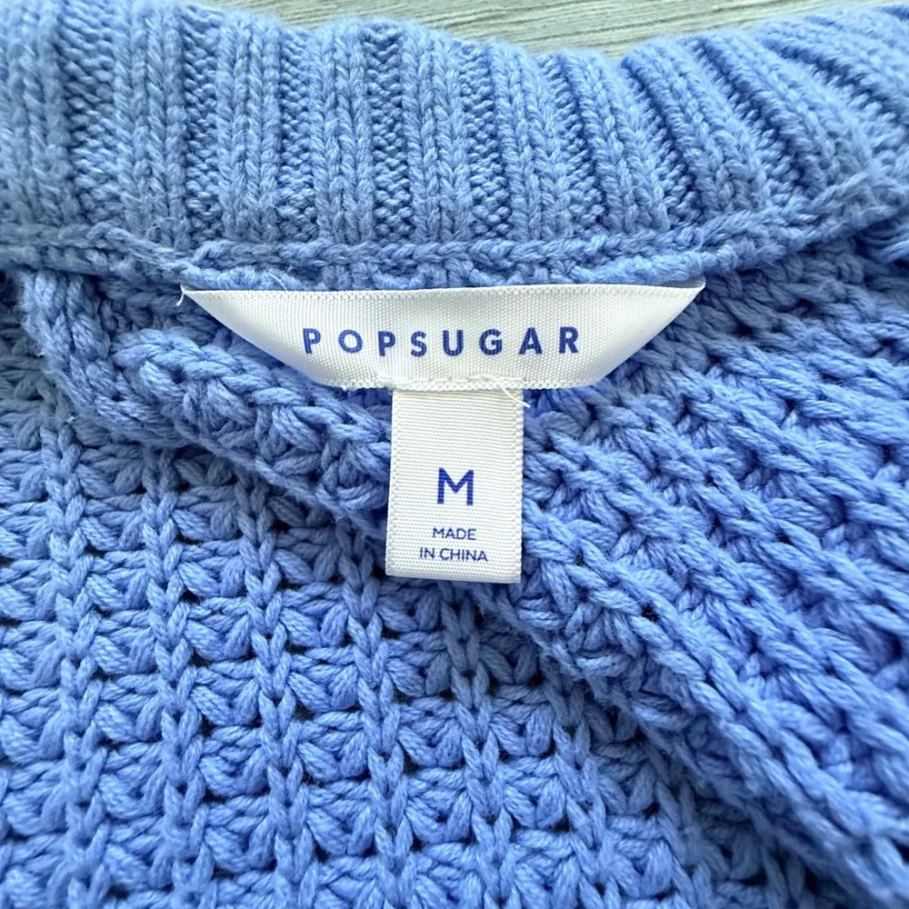 POPSUGAR Waffle Knit Cardigan Sweater Blue Mustard Yellow Cuffs Womens Medium